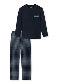 Camisa de manga larga marina con un bolsillo de color teal, combinada con pantalones a cuadros en navy y azul claro. Tejido de algodón suave; corte relajado.