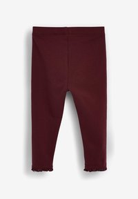 Leggings bordeaux avec une texture lisse, design long, et bord en dentelle à l'ourlet. Taille élastique pour confort et facilité d'utilisation.