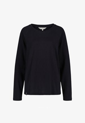 Schwarzes Langarmshirt mit Rundhalsausschnitt und einem kleinen weißen Etikett nahe dem unteren Saum, auf weißem Hintergrund dargestellt.