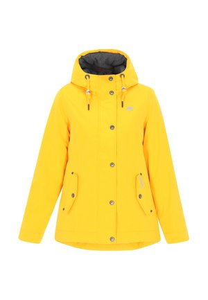 Gul vandtæt jakke med grå inderside. Har hætte, frontknapper, to sidelommer og et lille logo på brystet.