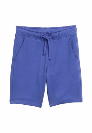Pantaloni corti in misto cotone viola con vita elastica, cordino e due tasche laterali, caratterizzati da una texture liscia e una lunghezza al ginocchio.