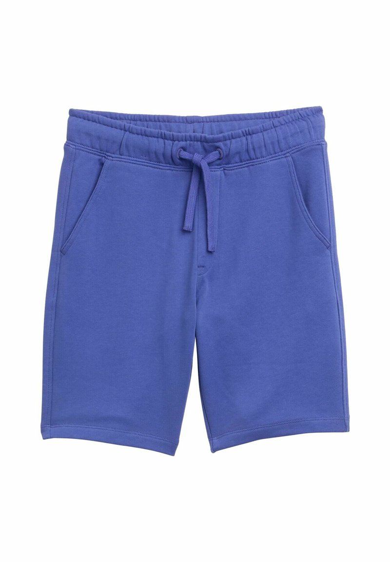 Lila bomullsblandning shorts med elastisk midja, dragsko och två sidofickor, med en jämn textur och knälång design.