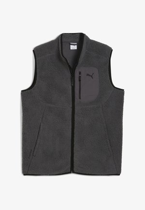 Grauer Fleece-Weste mit hohem Kragen, durchgehendem Reißverschluss und einer Reißverschluss-Brusttasche. Mit schwarzem Logo auf der Tasche.