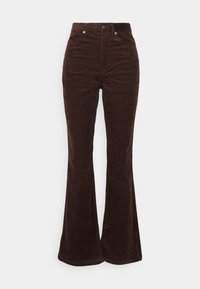 Pantalons en velours côtelé marron évasés avec une taille haute, comportant des côtes verticales, deux poches avant et une fermeture à bouton.