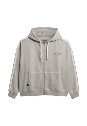 Lys grå zip-up hoodie med forlommer, snore, ribbede manchetter og "Superdry Athletics" logo på brystet.