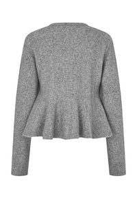 Pull gris à basque avec manches longues, encolure ronde et texture douce. Comprend un ourlet évasé à la taille pour une silhouette affinée.