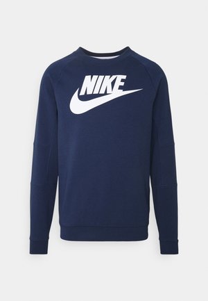 Marineblaues Sweatshirt mit langen Ärmeln, weißem Nike-Logo und Swoosh über der Brust, Rundhalsausschnitt sowie gerippten Bündchen und Saum.