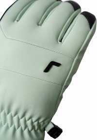 Hellgrüne Winterhandschuhe aus glattem Stoff, mit schwarzen Akzenten, geschwungener Form und einem gewebten Bund mit verstellbarem Hardware-Detail.