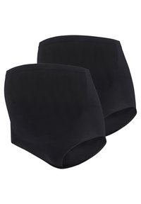 Mutande nere a vita alta in un tessuto liscio e elasticizzato. Due paia in mostra, caratterizzate da una costruzione senza cuciture e da un design semplice.