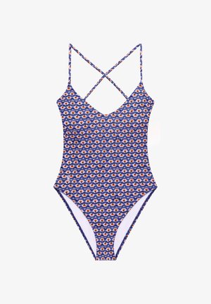 Ολόσωμο μαγιό με μικρό πορτοκαλί και λευκό λουλουδάτο σχέδιο σε μπλε φόντο, με λεπτούς διασταυρωμένους ιμάντες στους ώμους και V-λαιμόκοψη.