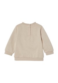 Beige Sweatshirt mit langen Ärmeln, gerippten Bündchen und Saum, Rundhalsausschnitt und Knopfverschluss am Rücken. Weiche Textur, minimalistisches Design.