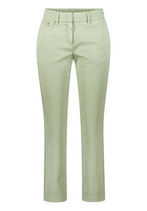 Pantalon droit vert clair avec passants de ceinture, fermeture à boutons à l'avant et petite patte de poche avant.