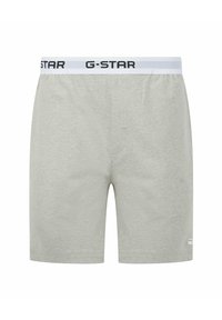 Hellgraue G-Star Unterwäsche mit einem weißen Bund, der schwarzer Logobeschriftung aufweist. Hergestellt aus weichem Stoff, hat sie keine sichtbaren Muster oder Akzente.