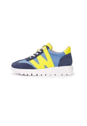 Blue and navy sneaker with bold yellow "W" design and heel accent, white laces, and thick white sole, shown from the side.