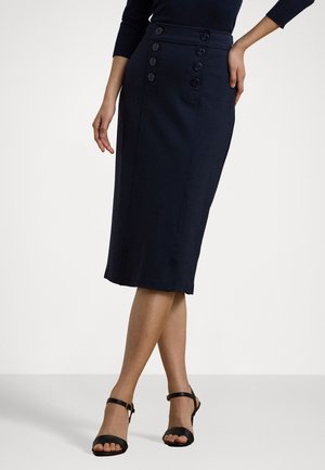 Navy pencil skirt with six buttons on the high waist, made from a smooth fabric, featuring a straight silhouette and knee-length design.