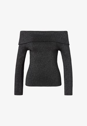 Sort off-shoulder sweater med lange ærmer, tekstureret stof og subtil glans, med en bred halsudskæring og tætsiddende silhuet.