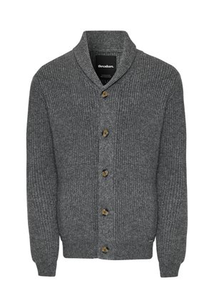 Graue Strickjacke mit Schalkragen, sieben Knöpfen, gerippter Textur und zwei Fronttaschen. Hergestellt aus weichem, mittelgewichtigen Material.