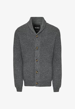 Szary kardigan dziany z kołnierzem szalowym, siedmioma guzikami, prążkowaną fakturą oraz dwoma przednimi kieszeniami. Wykonany z miękkiego, średniej grubości materiału.