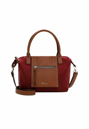 Red fabric handbag with brown leather accents, two short handles, a removable shoulder strap, and a front zippered pocket.