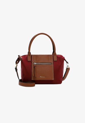 Red fabric handbag with brown leather accents, two short handles, a removable shoulder strap, and a front zippered pocket.