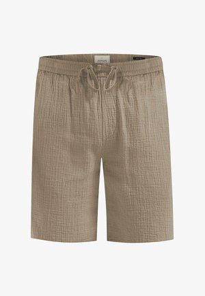 Shorts bej din țesătură texturată, cu un astfel de elastic la talie și snur, având o croială relaxată. Ideale pentru purtare casual.