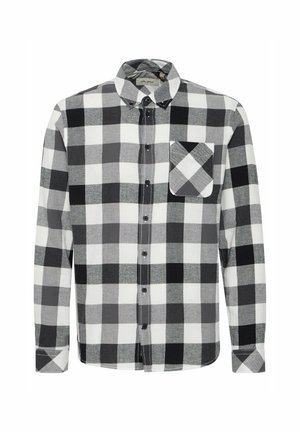 Crna i bijela flanel košulja s velikim kariranim uzorkom, dugih rukava, kratkim ovratnikom na dugmad i džepom na prsima. Tekstura od pamuka.