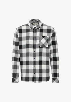 Black and white flannel shirt with large checkered pattern, long sleeves, button-down collar, and a chest pocket. Textured cotton material.