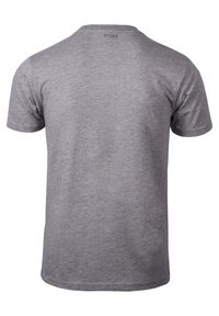 Graues T-Shirt mit kurzen Ärmeln aus weichem Stoff, mit rundem Ausschnitt und minimalistischem Design, das ein Logo auf der Rückseite aufweist.