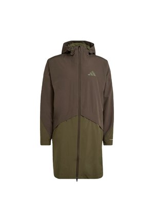 Bruine en olijfgroene waterdichte jas met ritssluiting aan de voorkant, verstelbare capuchon en sportief design. Voorzien van contrasterende kleurvlakken en logo.