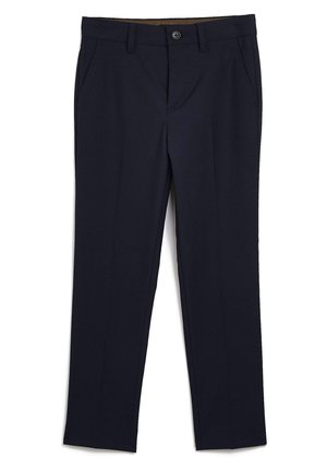 Granatowe, dopasowane spodnie z przodu zapinane na guzik i suwak, z szlufkami na pasek i bocznymi kieszeniami, na białym tle.