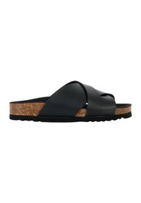 Sort slidesandal med krydsremdesign, lavet af glat materiale. Har en korkfodbund og tekstureret gummiydersål for godt greb.