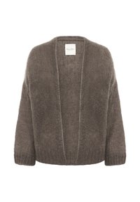 Mjuk, stickad cardigan i taupe med öppen front, sänkta axlar och ribbade ärmmuddar. Har en strukturerad tygkvalitet och avslappnad silhuett.