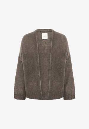Pehme ja kootud cardigan taupe värviga avatud esiosaga, langenud õlgade ja soonikservadega. Omab tekstuurikat kangast ja lõdva siluetti.