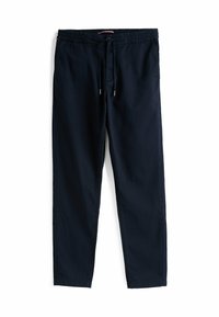 Pantaloni casual blu navy con cintura elastica, lacci frontali e tasche laterali, distesi su uno sfondo bianco.