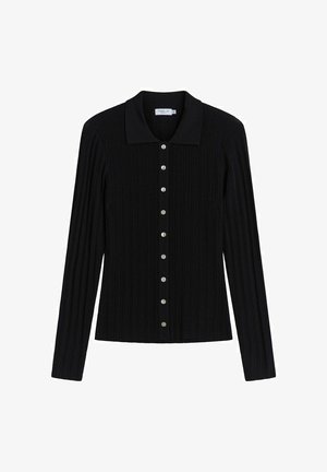 Black ribbed long-sleeve top with a collared neckline and front button closure featuring round silver buttons. Soft texture, fitted design.
