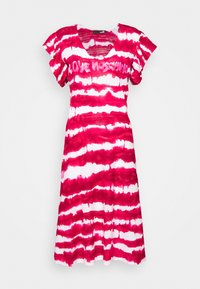 Bawełniana sukienka z okrągłym dekoltem, krótkimi falbankowymi rękawami, w różowe i białe poziome paski, z napisem "LOVE MOSCHINO" na piersi.