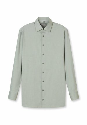 Hellgrünes Langarmhemd aus strukturiertem Stoff mit klassischem Kragen und durchgehender Knopfleiste mit dunklen Knöpfen.