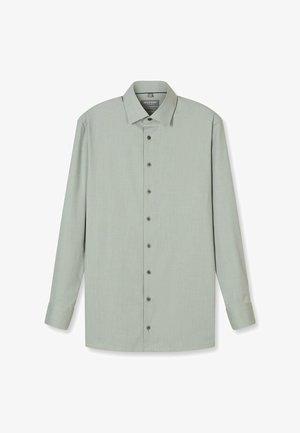 Lichtgroen shirt met lange mouwen van gestructureerde stof, voorzien van een klassieke kraag en een knoopsluiting met donkere knopen.