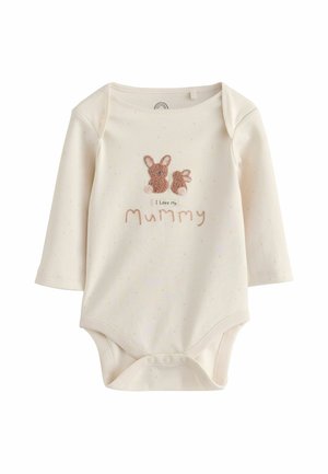 Kremowe body niemowlęce z długim rękawem, z dwoma brązowymi zajączkami i napisem ""I love my mummy"" na przodzie.