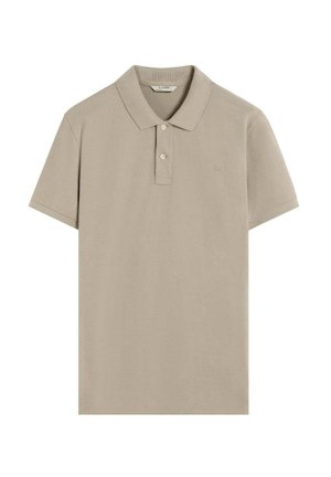 Beige polo-shirt lavet af tekstureret stof, med krave, to-knappers lukning og diskret logo broderi på brystet.