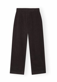 Pantaloni a gamba larga in velluto a coste marrone scuro, con una vita elastica e un tessuto testurizzato. Bordature pulite con una leggera lucentezza.