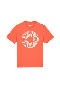 T-shirt orange à manches courtes en coton, avec un design graphique de cercles concentriques blancs sur le devant. Encolure ronde, coupe décontractée.