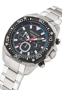 Orologio in acciaio inossidabile argentato con quadrante nero, sottodial cronografo e accenti blu. Resistente all'acqua fino a 100 metri. Bezel rotante.