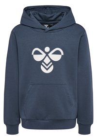 Felpa con cappuccio blu navy, dotata di tasca frontale e logo di ape stilizzata bianca centrato sul petto.