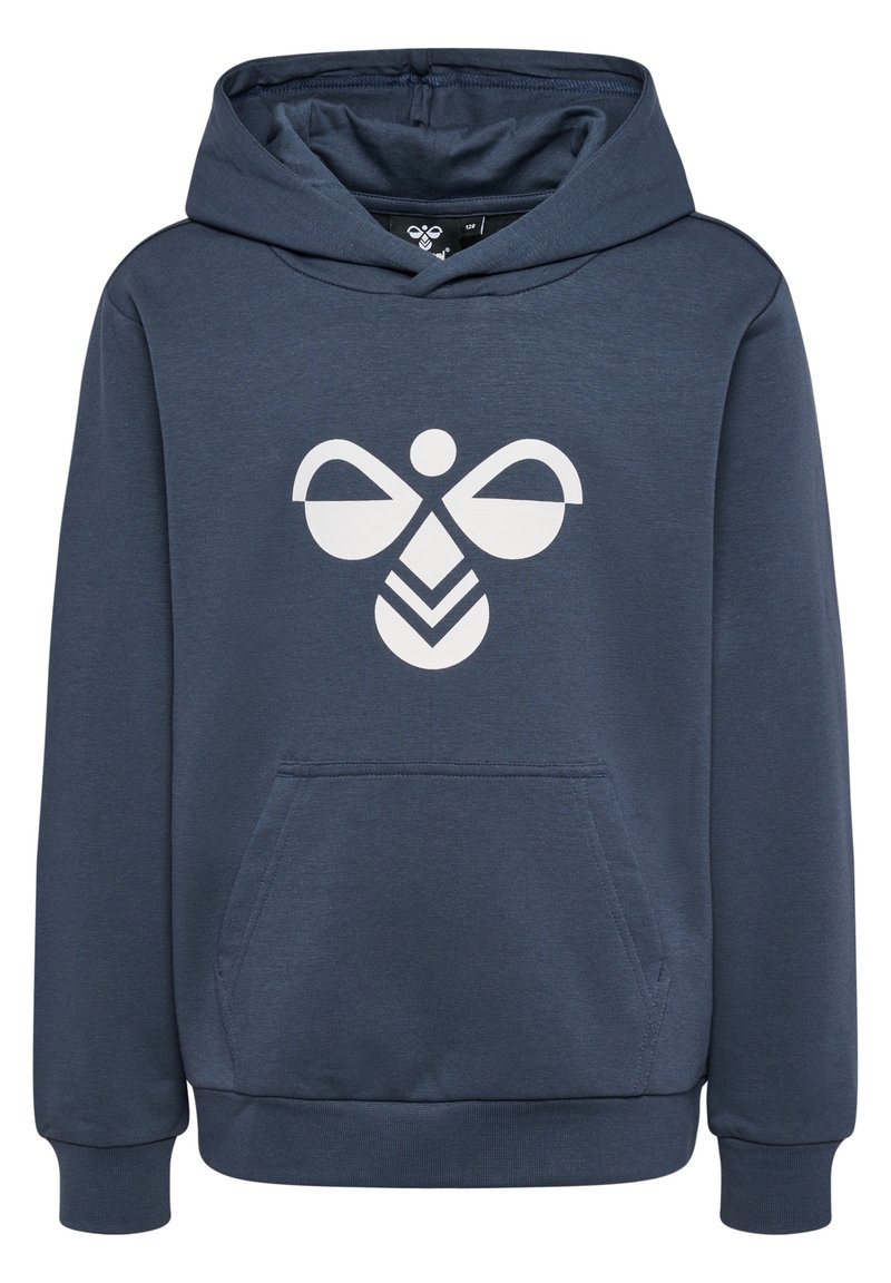 Felpa con cappuccio blu navy, dotata di tasca frontale e logo di ape stilizzata bianca centrato sul petto.