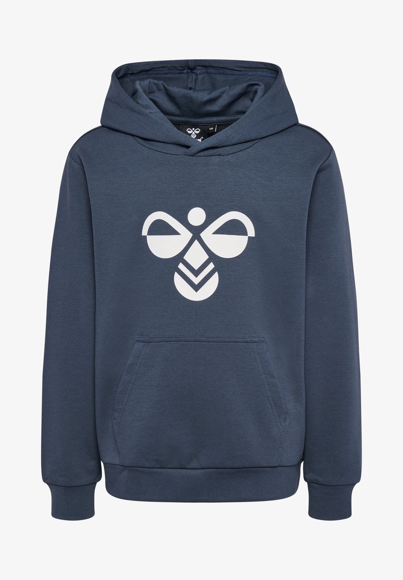 Felpa con cappuccio blu navy, dotata di tasca frontale e logo di ape stilizzata bianca centrato sul petto.