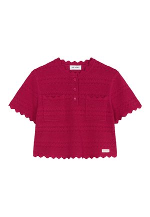 Krajkový malinově růžový pletený top s krátkými rukávy, zakončený vroubkovaným lemem, s předními knoflíky, dvěma kapsami na prsou a texturovanou vzorovanou tkaninou.