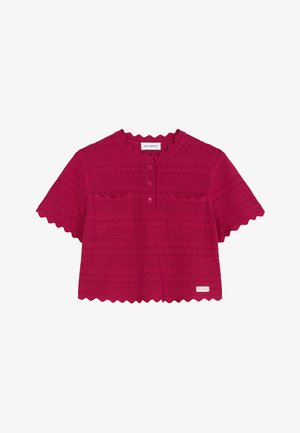 Krajkový malinově růžový pletený top s krátkými rukávy, zakončený vroubkovaným lemem, s předními knoflíky, dvěma kapsami na prsou a texturovanou vzorovanou tkaninou.