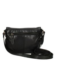 Borsa a tracolla nera in pelle con chiusura a zip, due tasche frontali, una lunga tracolla regolabile e una finitura liscia e testurizzata.