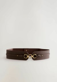 Ceinture en cuir marron au design large, avec des accessoires dorés, des accents circulaires doubles et des détails de couture contrastants.